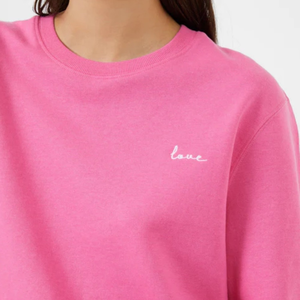 French Connection LOVE EMBROIDERED CREW NECK SWEATSHIRT, size Medium,bright pink